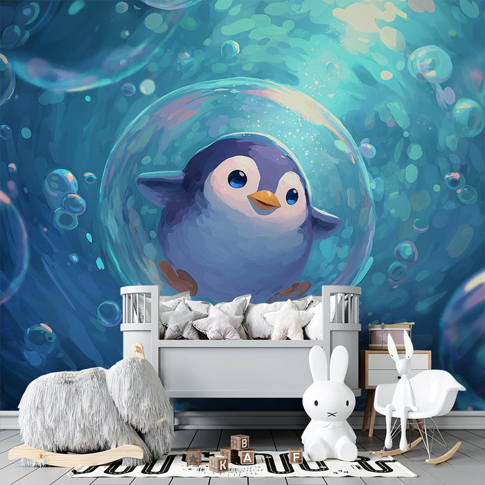 Babykamer behang | Kleine pinguïn in een onderwaterbel