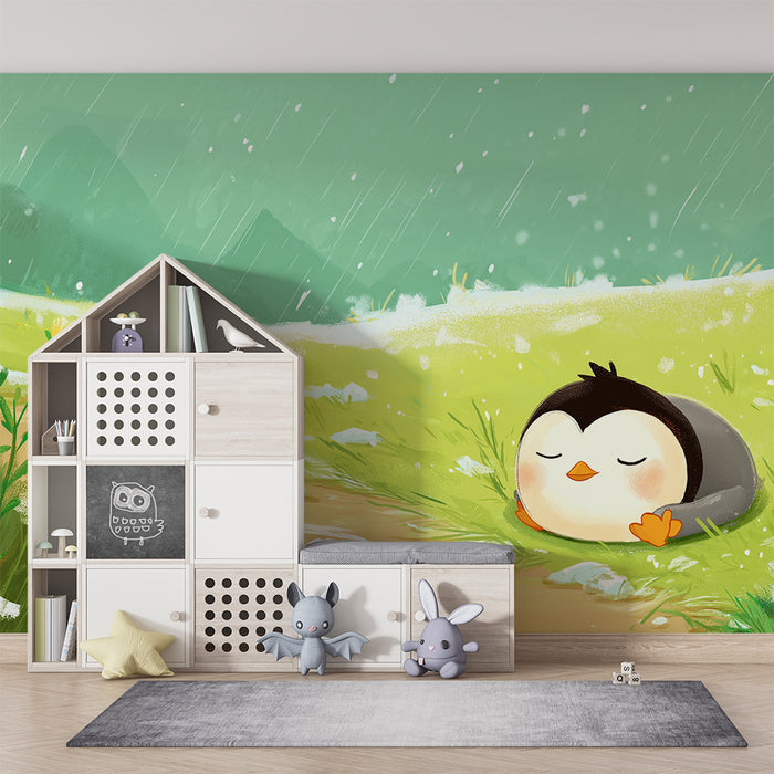 Lastenhuoneen tapetti | Pieni uninen pingviini lempeässä ja kukkaisessa maisemassa