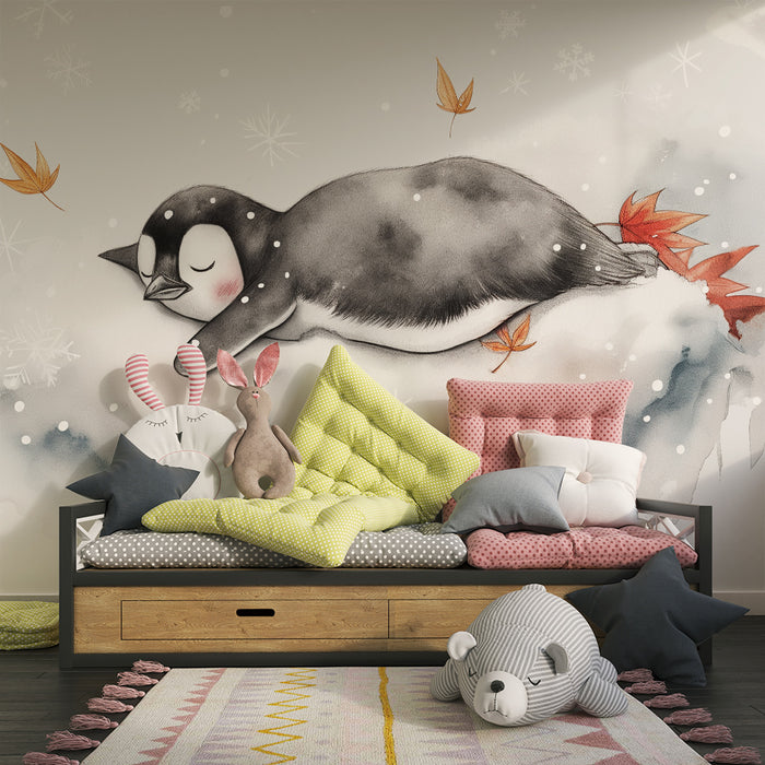 Børneværelse tapet | Lille sovende pingvin under snefnug og efterårsblade
