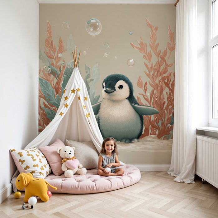 **Tapet cameră bebeluș | Pinguin mic și alge subacvatice cu stele de mare**