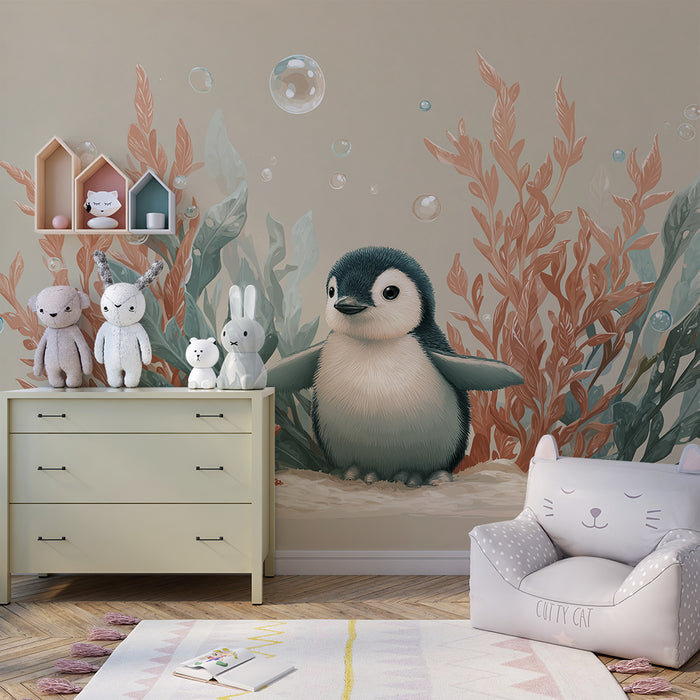 **Tapet cameră bebeluș | Pinguin mic și alge subacvatice cu stele de mare**