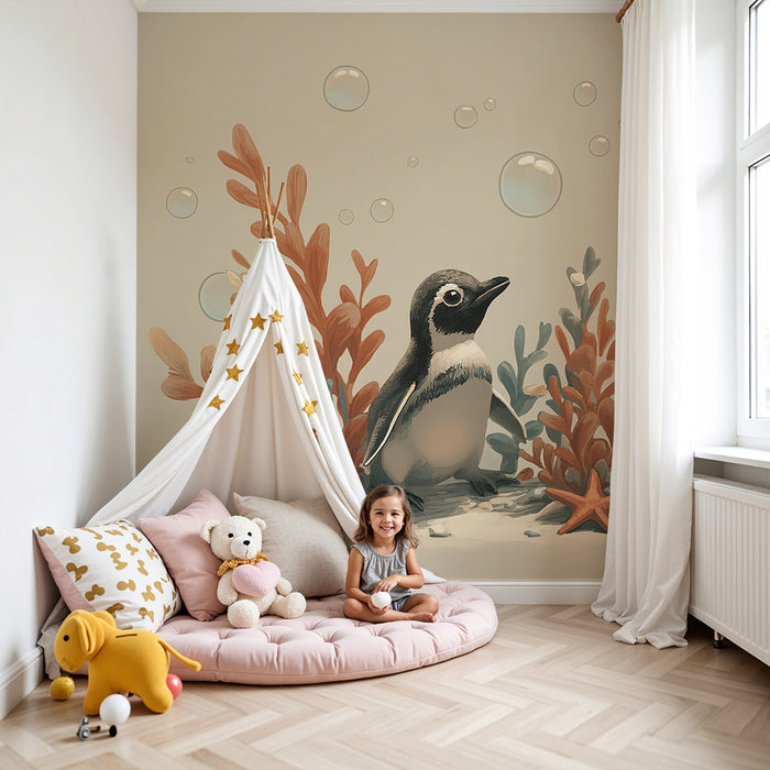 Tapet barnerom | Liten pingvin og undervannskoraller med sjøstjerner