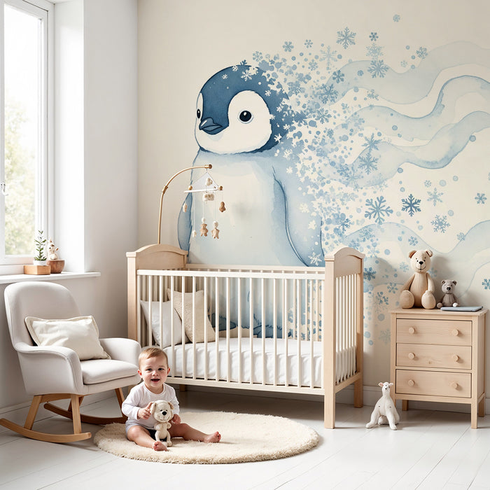 Papier peint chambre bébé | Petit pingouin et flocons de neige en aquarelle
