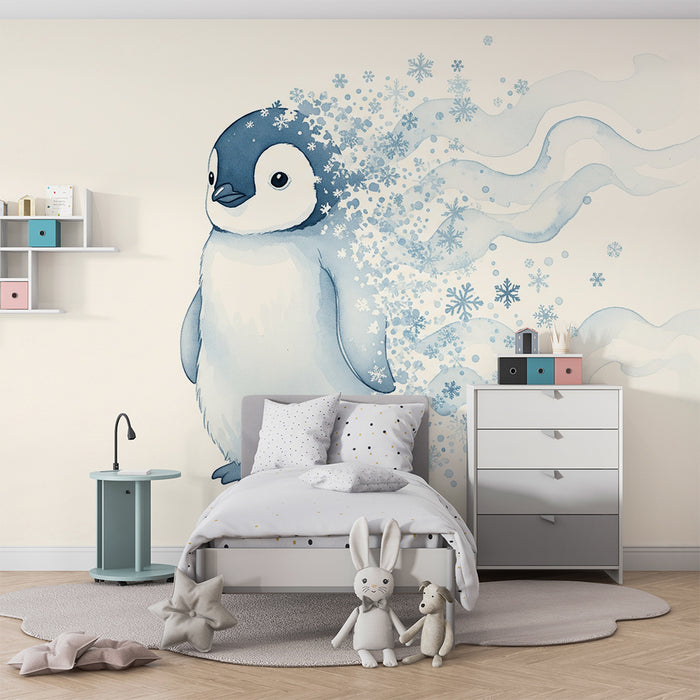 Papier peint chambre bébé | Petit pingouin et flocons de neige en aquarelle