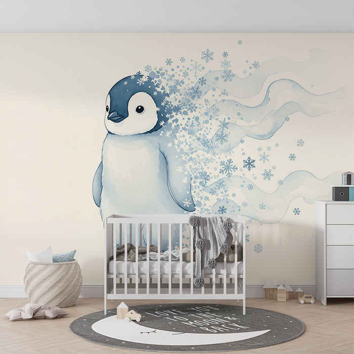 Papier peint chambre bébé | Petit pingouin et flocons de neige en aquarelle