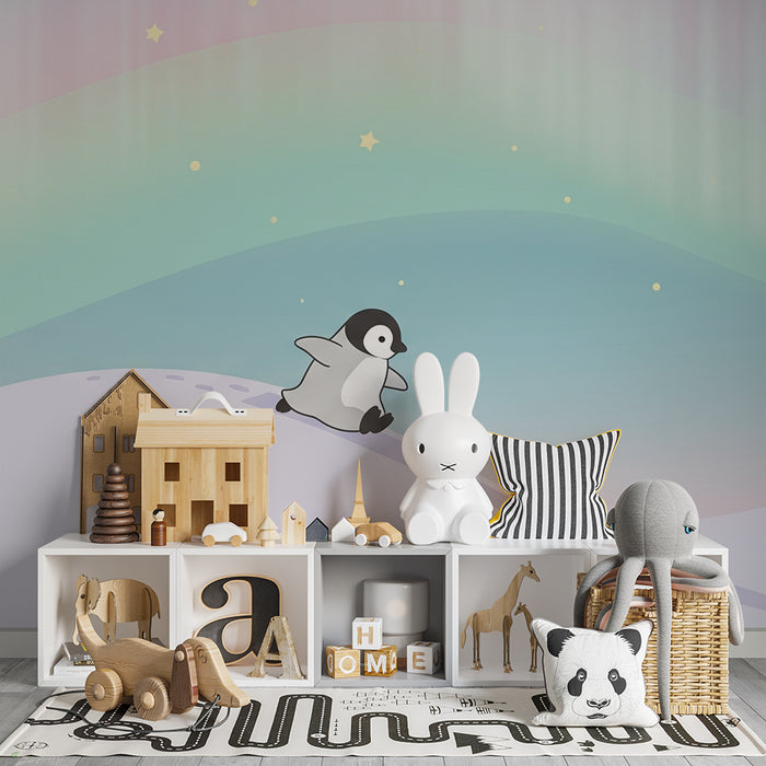 Tapet camera bebeluși | Micul pinguin alunecând sub stele