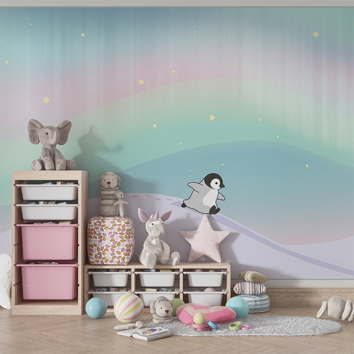 Tapet camera bebeluși | Micul pinguin alunecând sub stele