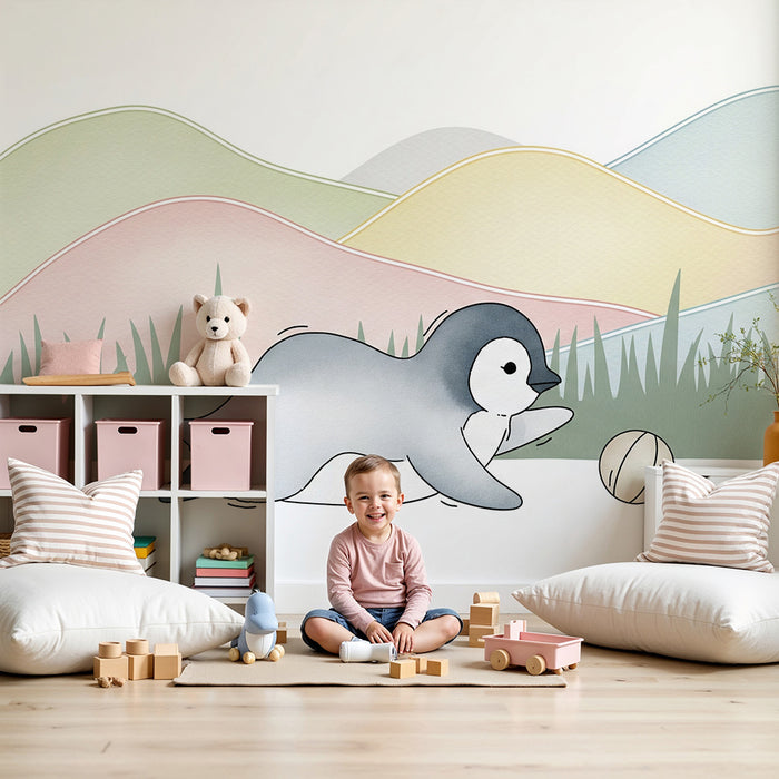 Papel de parede quarto bebê | Pequeno pingüim jogador em uma paisagem suave