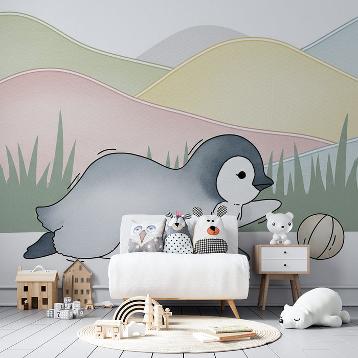 Papel de parede quarto bebê | Pequeno pingüim jogador em uma paisagem suave