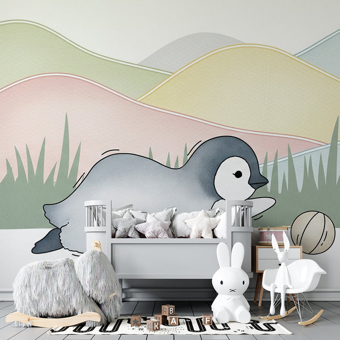 Papel de parede quarto bebê | Pequeno pingüim jogador em uma paisagem suave