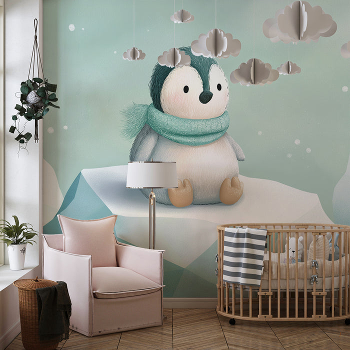 Papel de parede quarto bebê | Pequeno pinguim fofo em um iceberg