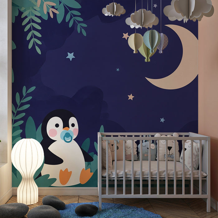 Papier peint chambre bébé | Petit pingouin sous les étoiles