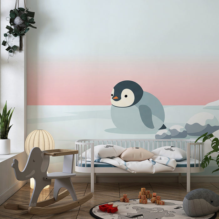 Papier peint chambre bébé | Petit pingouin sur la glace avec un ciel pastel