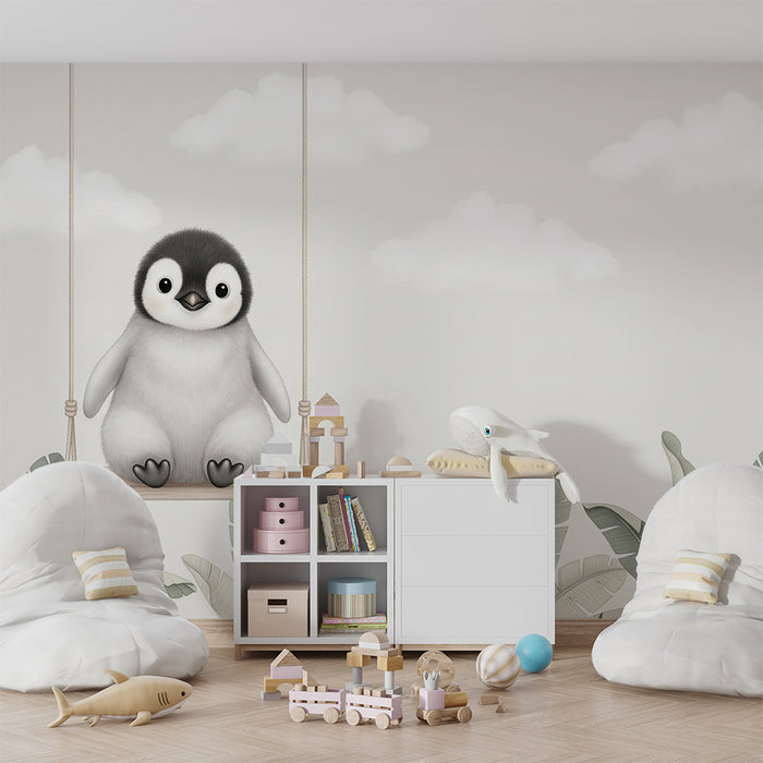 Papel pintado infantil | Pequeño pingüino en un columpio