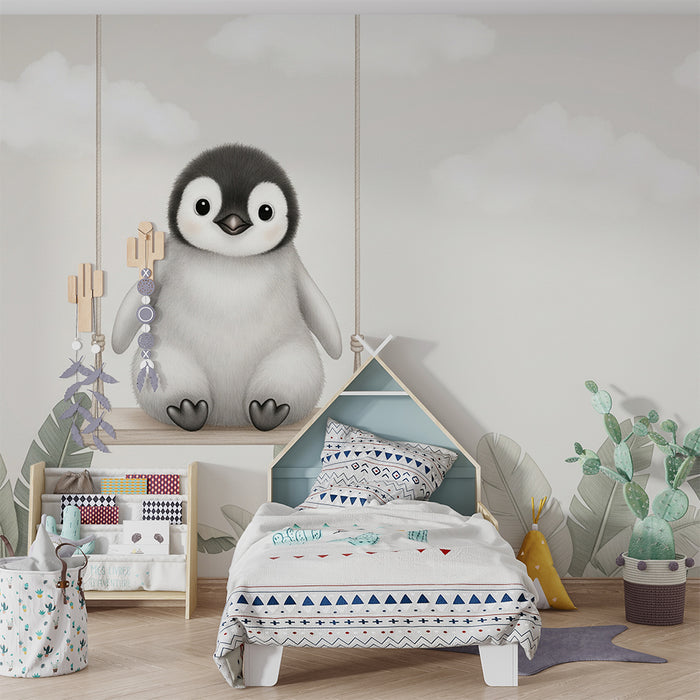 Papel pintado infantil | Pequeño pingüino en un columpio
