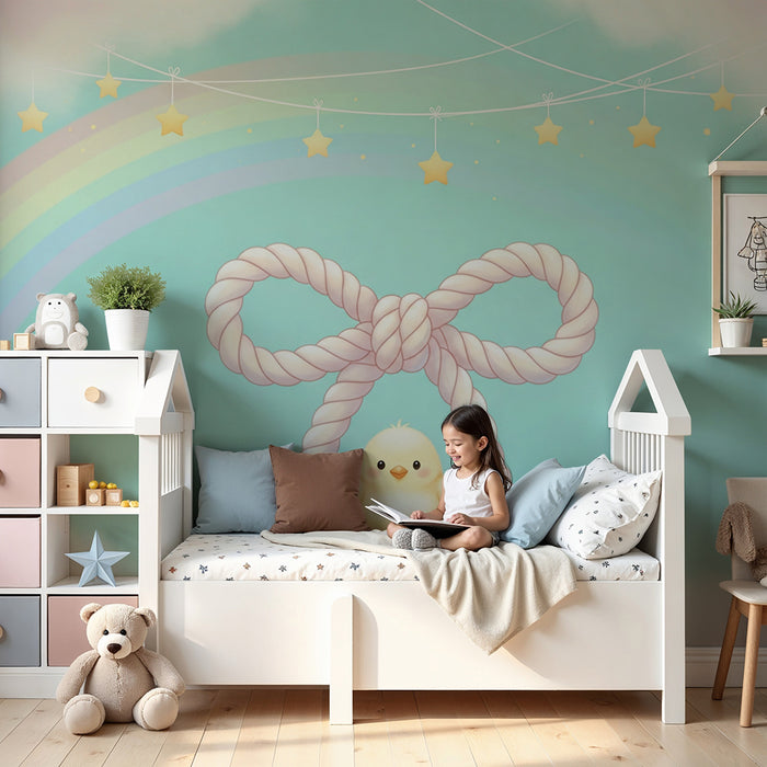 Babyzimmer-Tapete | Kleines Küken und Seilknoten auf Pastellgrund