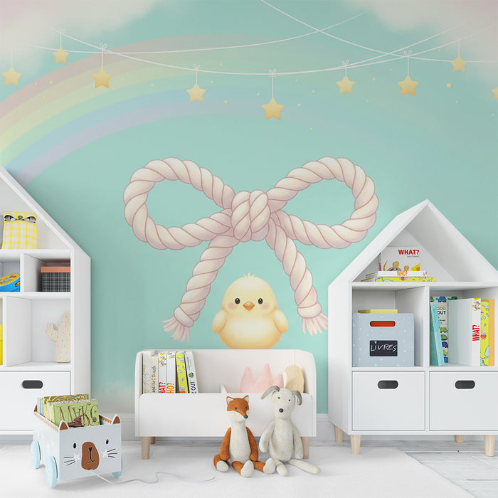 Babyzimmer-Tapete | Kleines Küken und Seilknoten auf Pastellgrund
