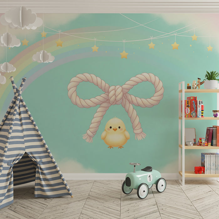 Babyzimmer-Tapete | Kleines Küken und Seilknoten auf Pastellgrund