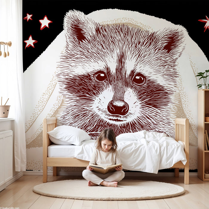 Papier peint chambre bébé | Petit raton laveur sous les étoiles