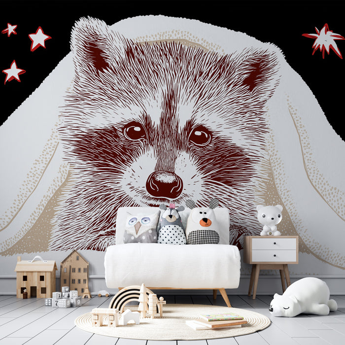 Papier peint chambre bébé | Petit raton laveur sous les étoiles