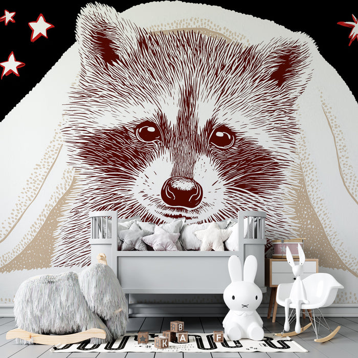 Papier peint chambre bébé | Petit raton laveur sous les étoiles