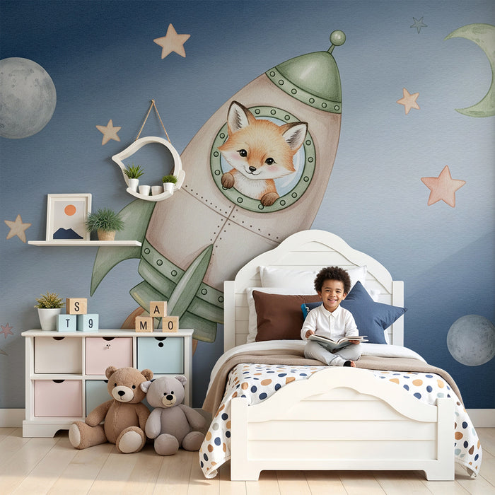 Papier peint chambre bébé | Petit renard dans une fusée spatiale