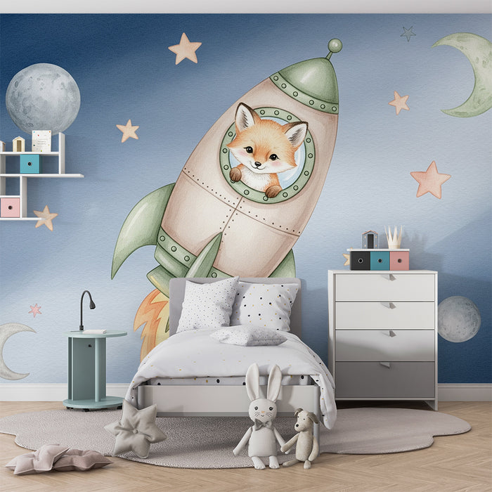 Papier peint chambre bébé | Petit renard dans une fusée spatiale