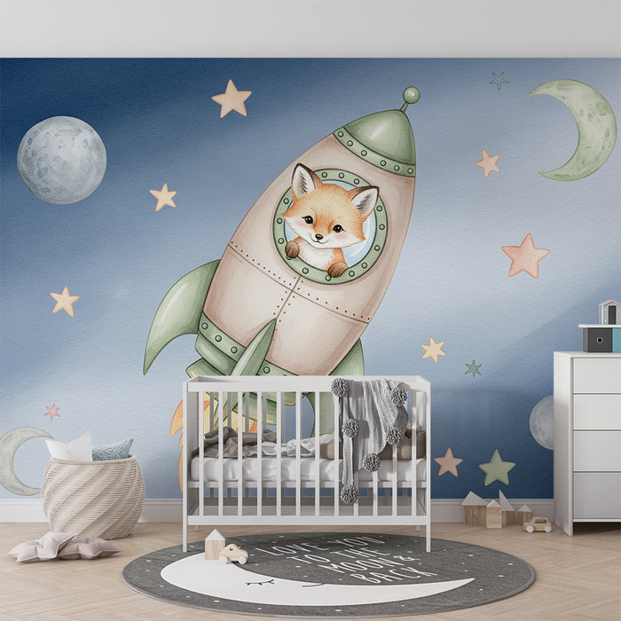 Papier peint chambre bébé | Petit renard dans une fusée spatiale