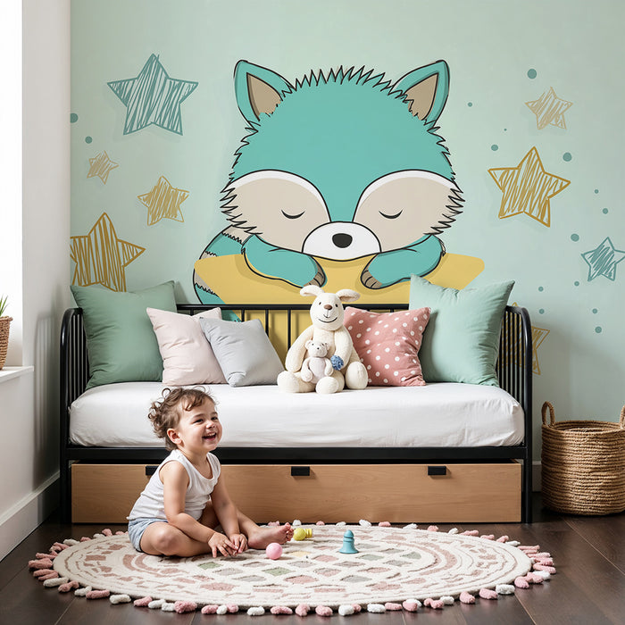 Tapet barnerom | Søvnig liten rev med gullstjerner