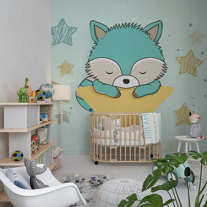 Tapet barnerom | Søvnig liten rev med gullstjerner