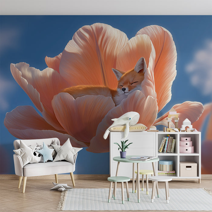 Barntapet | Liten sovande räv i en delikat blomma