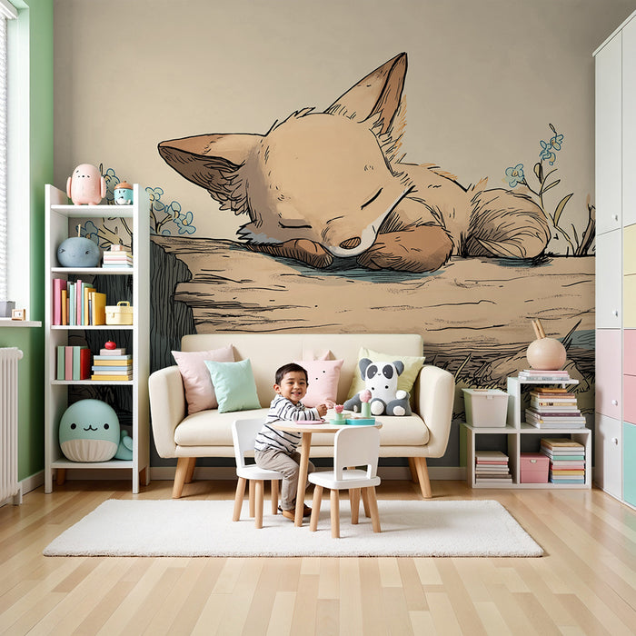 Børneværelse tapet | Lille ræv sover på en træstamme med delikate blomster