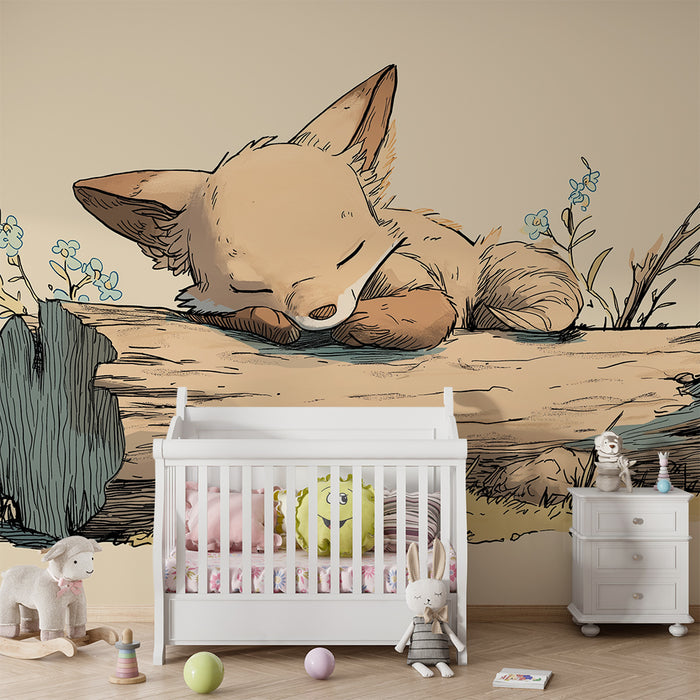 Børneværelse tapet | Lille ræv sover på en træstamme med delikate blomster