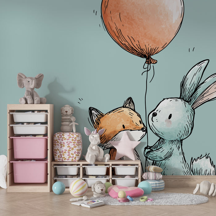 Babykamer behang | Kleine vos en konijn met een ballon
