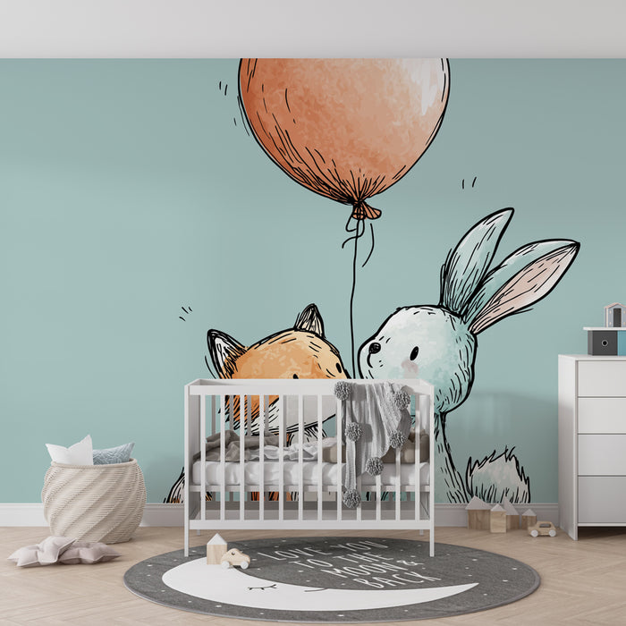 Babykamer behang | Kleine vos en konijn met een ballon