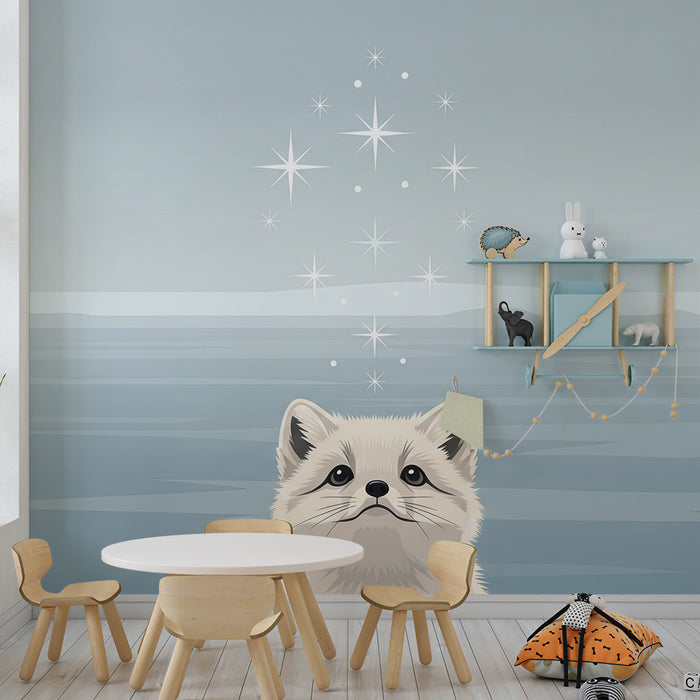 Nursery room wallpaper | Little polar fox under a starry sky
