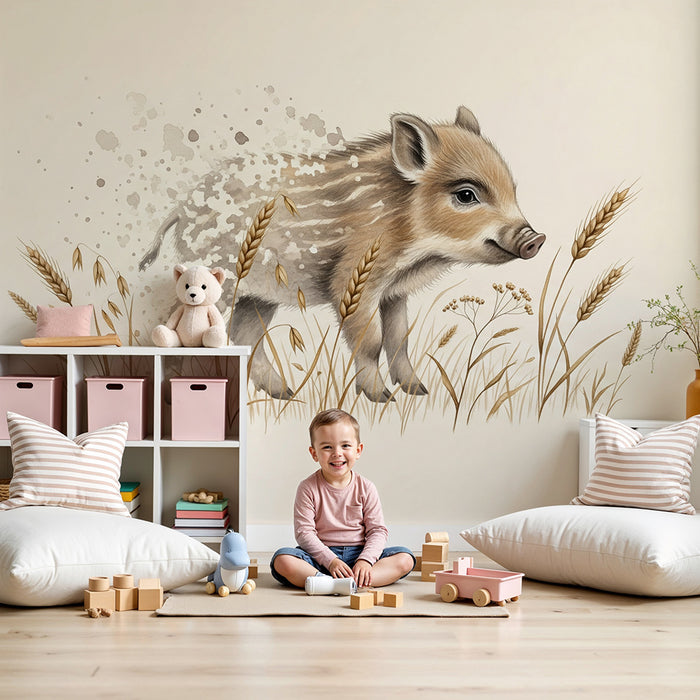 Papier peint chambre bébé | Petit sanglier dans les champs de blé
