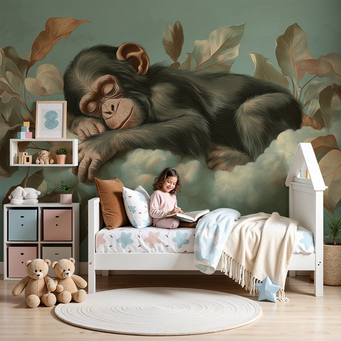 Papel de parede quarto bebê | Pequeno macaco adormecido em uma nuvem com folhas delicadas