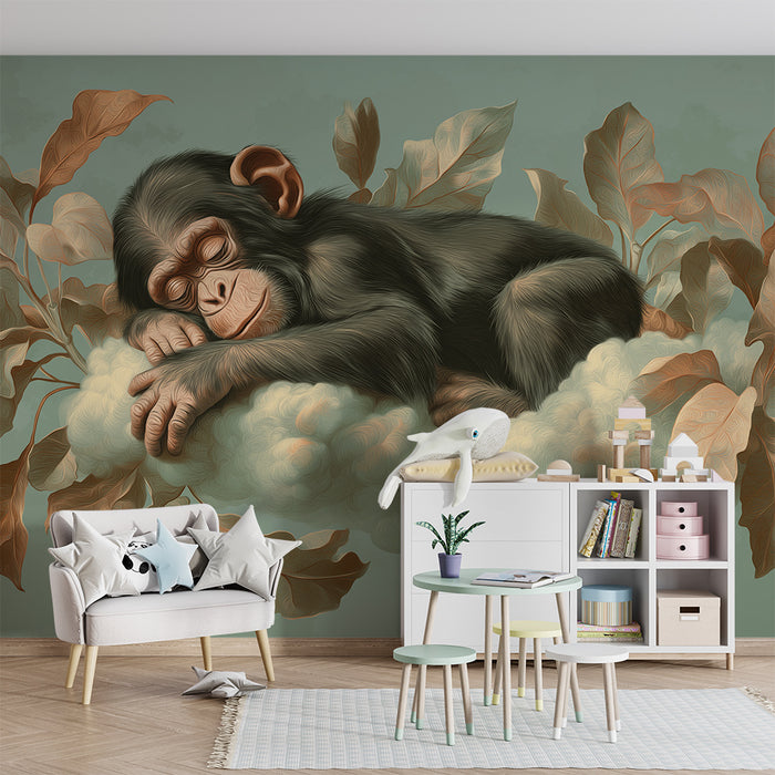 Papel de parede quarto bebê | Pequeno macaco adormecido em uma nuvem com folhas delicadas