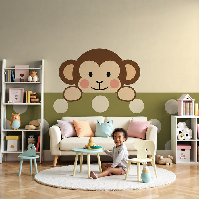 Babykamer behang | Speelse kleine aap met stippenpatroon