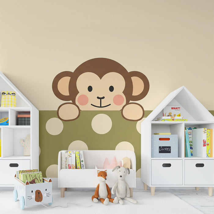 Babykamer behang | Speelse kleine aap met stippenpatroon