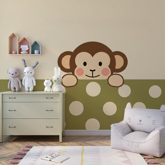 Babykamer behang | Speelse kleine aap met stippenpatroon