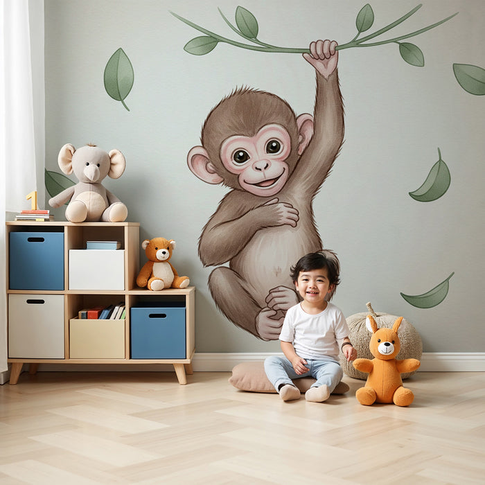 Børneværelse tapet | Lille uartig abe og tropiske blade