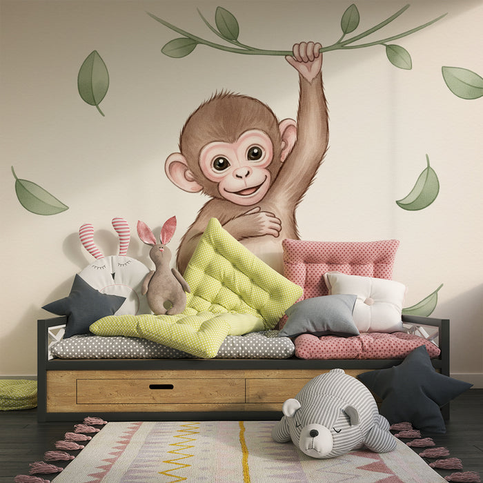 Børneværelse tapet | Lille uartig abe og tropiske blade