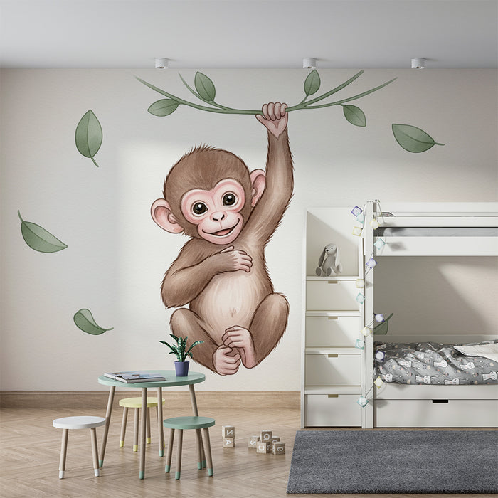 Børneværelse tapet | Lille uartig abe og tropiske blade