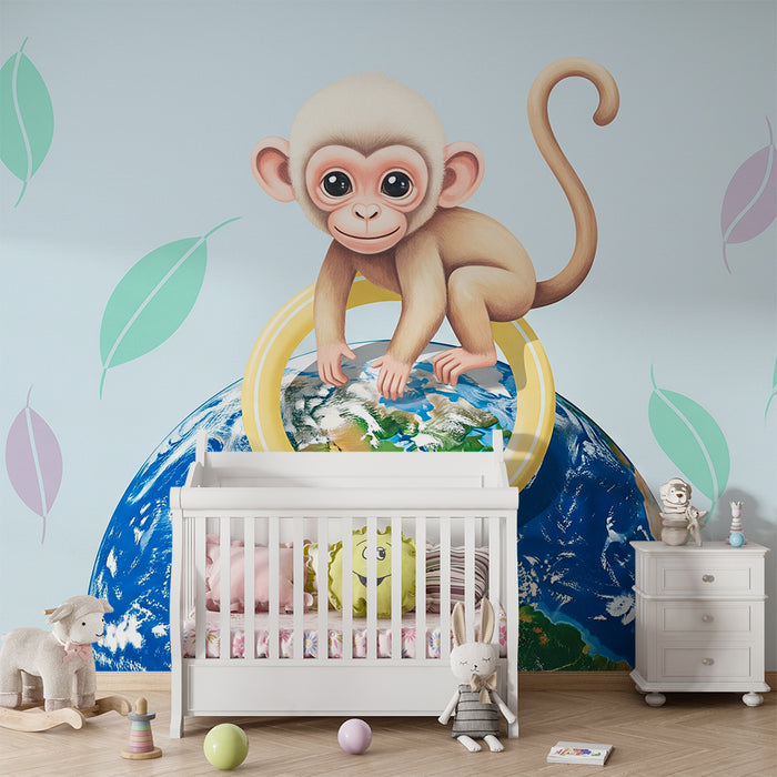 Nursery room wallpaper | Mischievous little monkey on the globe