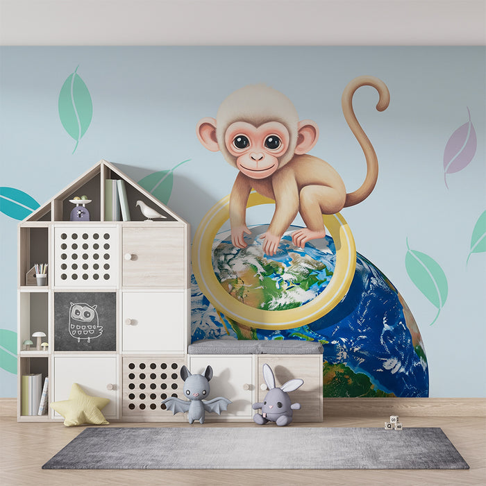 Nursery room wallpaper | Mischievous little monkey on the globe