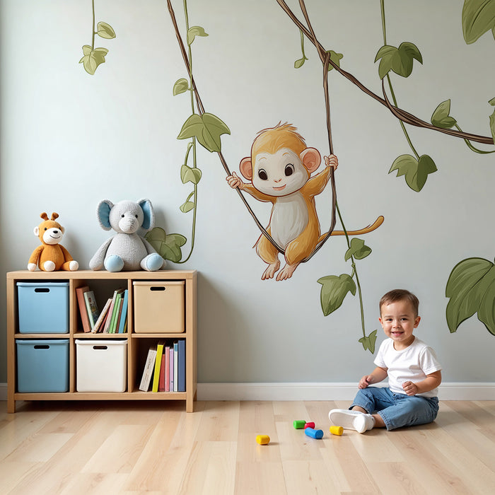 Χαρτί τοίχου για το δωμάτιο του μωρού | Ατραπός μικρού πιθήκου κρέμεται από πράσινες κληματοφόρες
