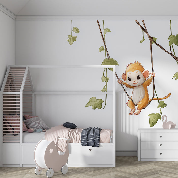 Χαρτί τοίχου για το δωμάτιο του μωρού | Ατραπός μικρού πιθήκου κρέμεται από πράσινες κληματοφόρες