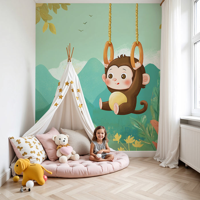 Barntapet | Glad liten apa på en gunga i djungeln